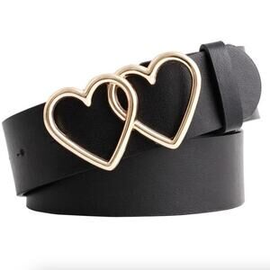 2/$30 Belt Vegan Leather Black NEW 27"-35" Gold Tone Double Heart Total 40"